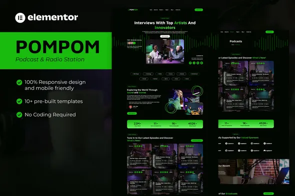 Pompom - Podcast & Radio Station Elementor Template Kit