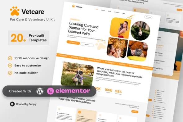 VetCare - Pet Care & Veterinary Elementor Template Kit for Animal Clinics