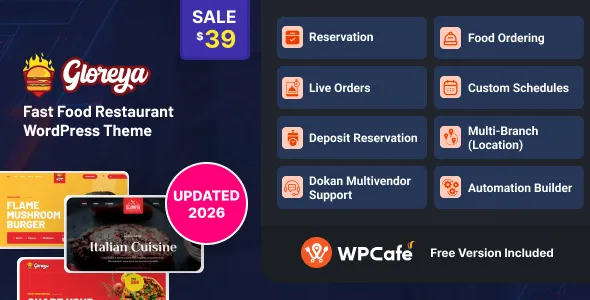 Gloreya - Food Ordering & Delivery Restaurant WordPress Theme