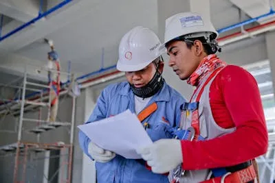 Obra de construcción con trabajadores y maquinaria